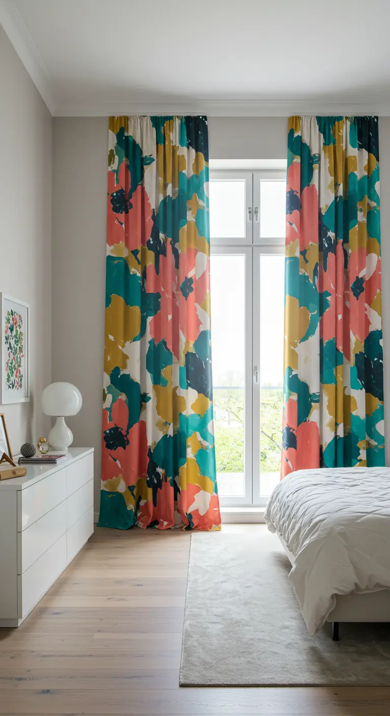 Slaapkamer met kleurrijke abstracte gordijnen.