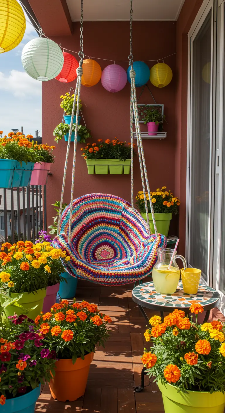 Gehaakte kleurrijke ronde hangstoel op balkon met oranje bloemen.