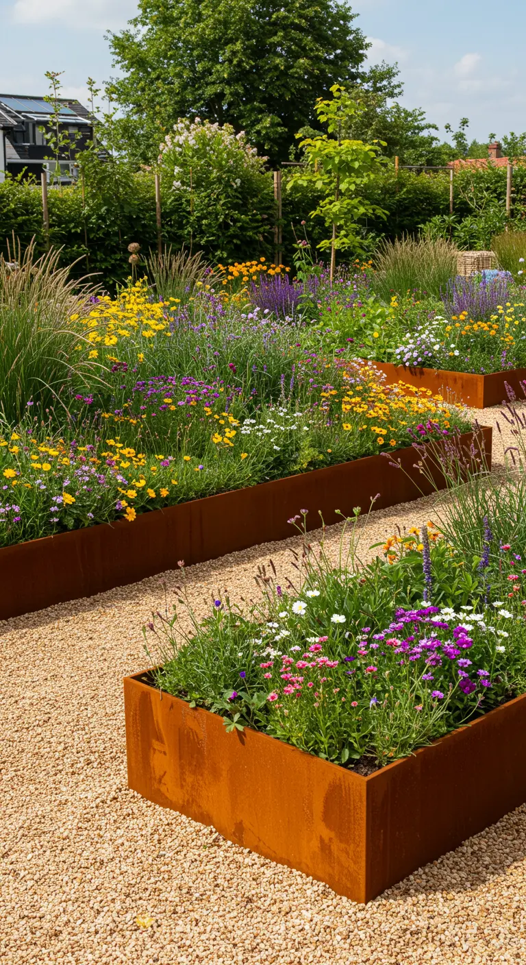 Bloementuin met cortenstalen borders vol kleurrijke bloemen en een grindpad.