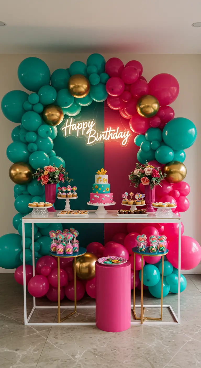 Kleurrijke ballonnenboog in turquoise, roze en goud met neon 'Happy Birthday' en sweettable.
