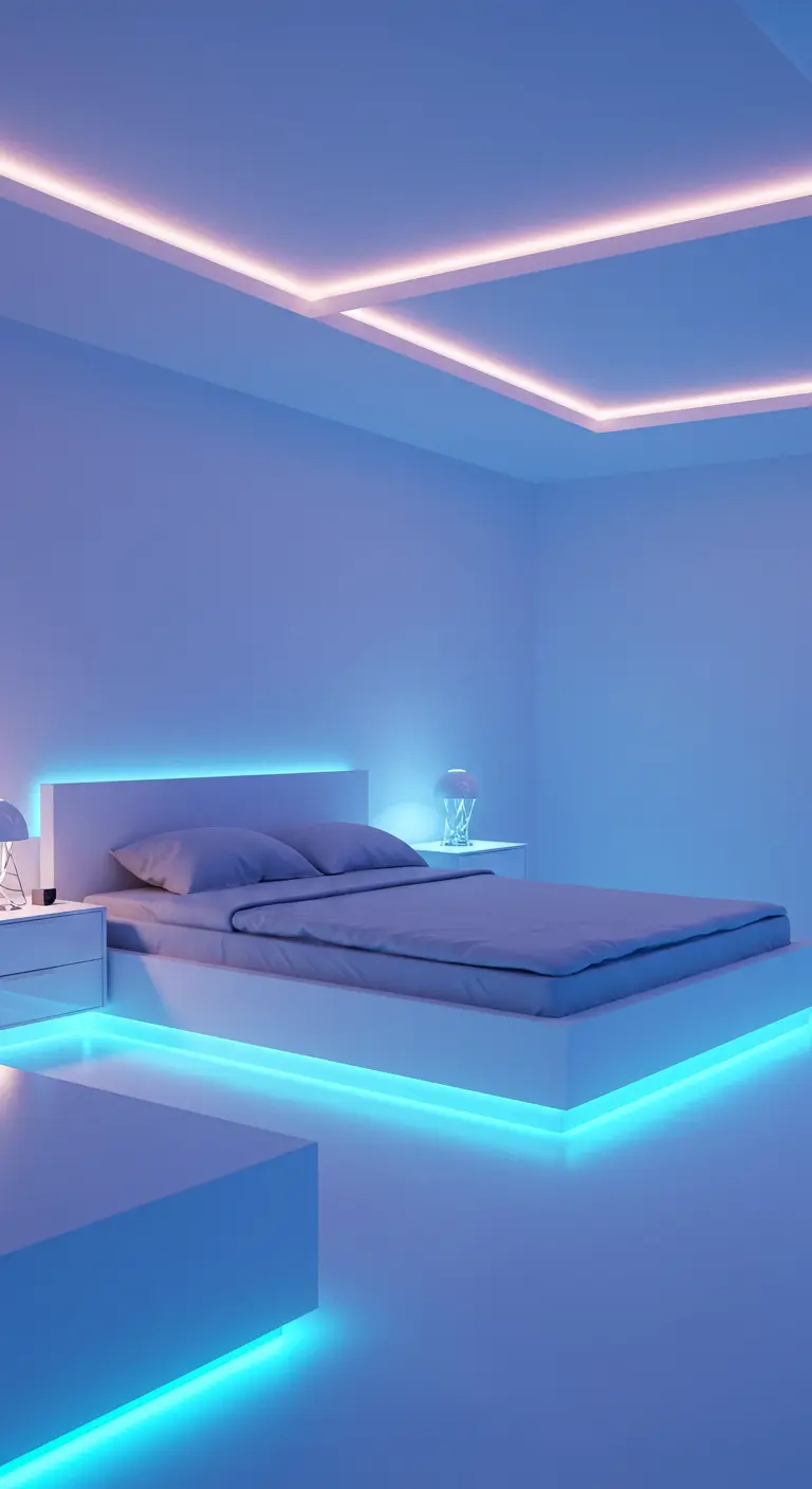 Minimalistische, futuristische slaapkamer met zachte blauwe en roze LED-lichtlijnen.