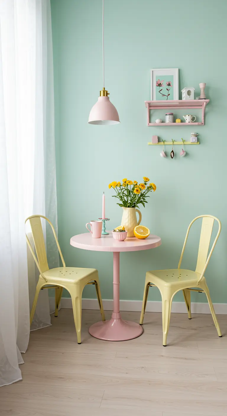 Kleine roze eettafel met gele stoelen tegen mintgroene muur.