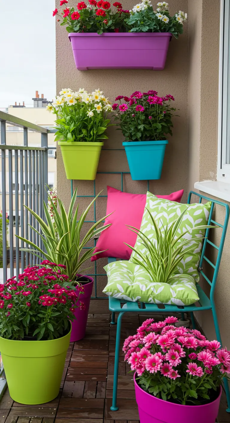 Vrolijk, kleurrijk balkon met planten in felgekleurde potten op de vloer en aan een klimrek.