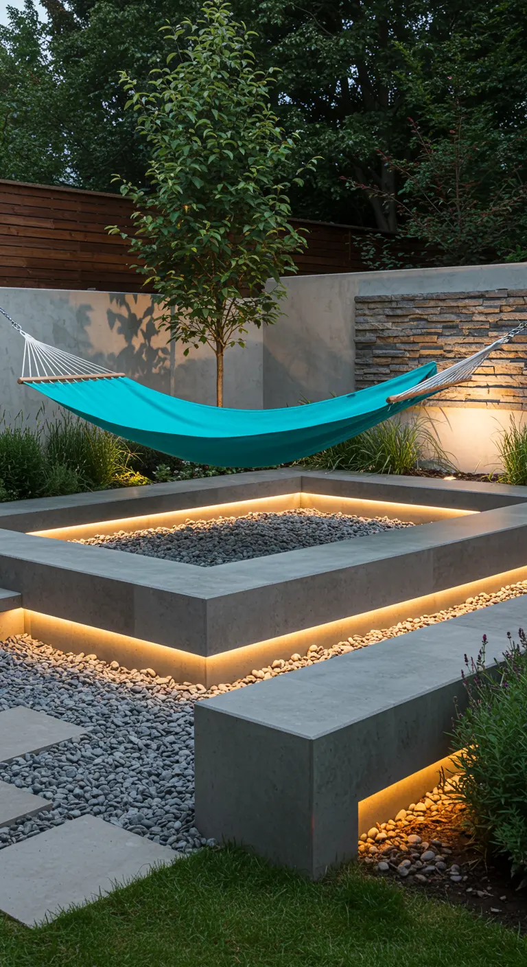 Turquoise hangmat boven moderne betonnen zitkuil met gravel en LED-verlichting.