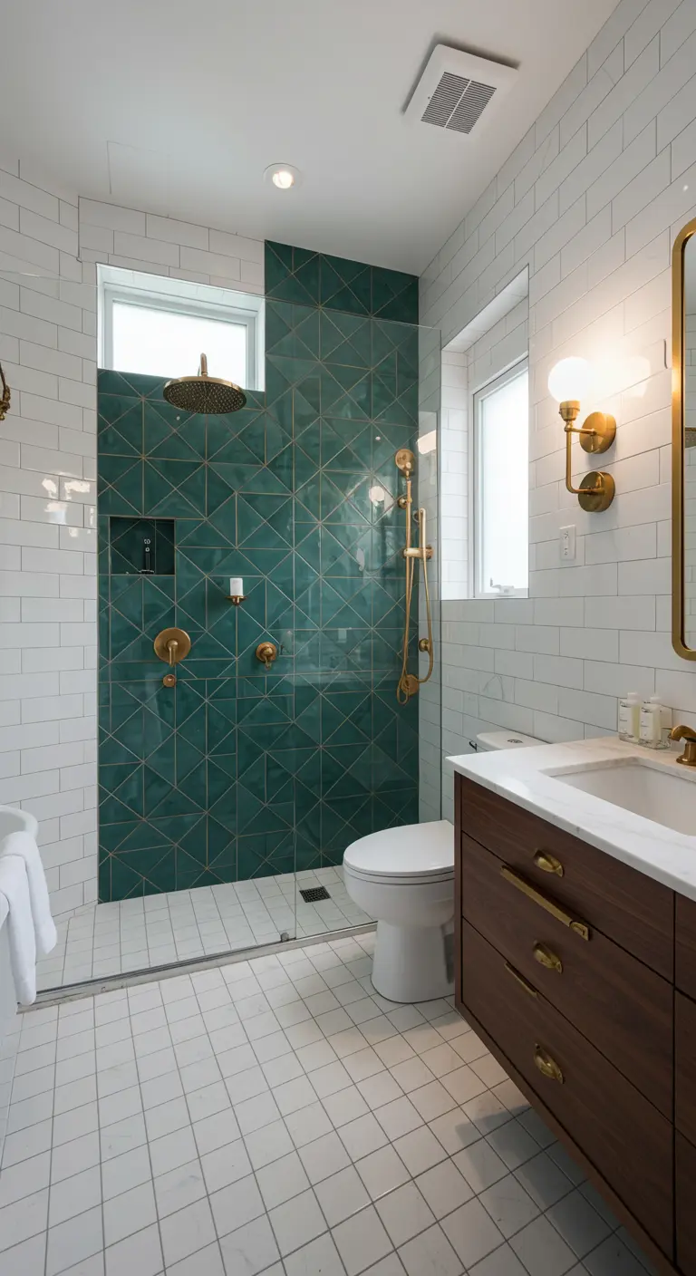 Badkamer met smaragdgroene geometrische tegelwand in de douche, witte metro tegels en messing kranen.