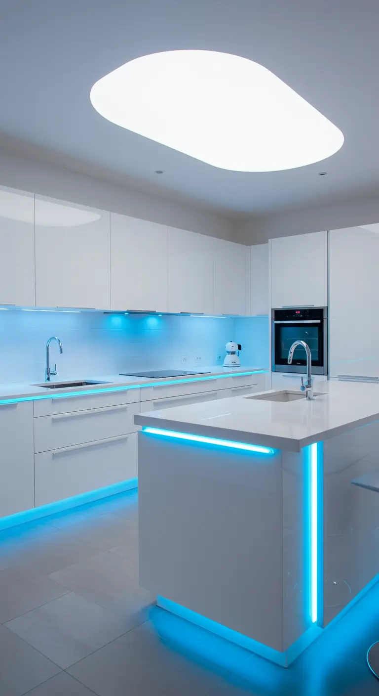 Strakke witte keuken met blauwe LED-verlichting onder kasten en eiland.