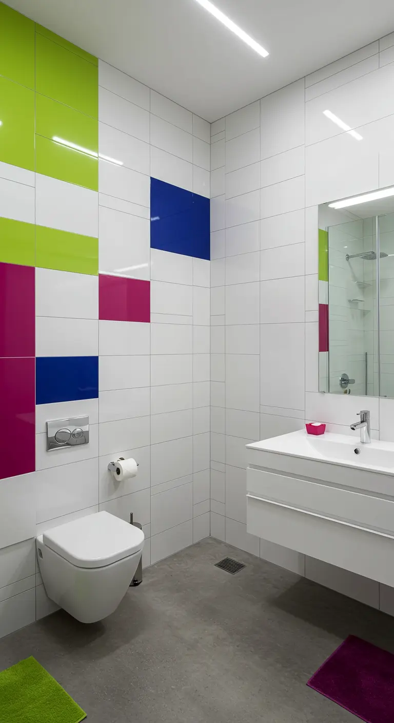 Minimalistische badkamer met gekleurde vierkante tegels in wit, groen, roze en blauw