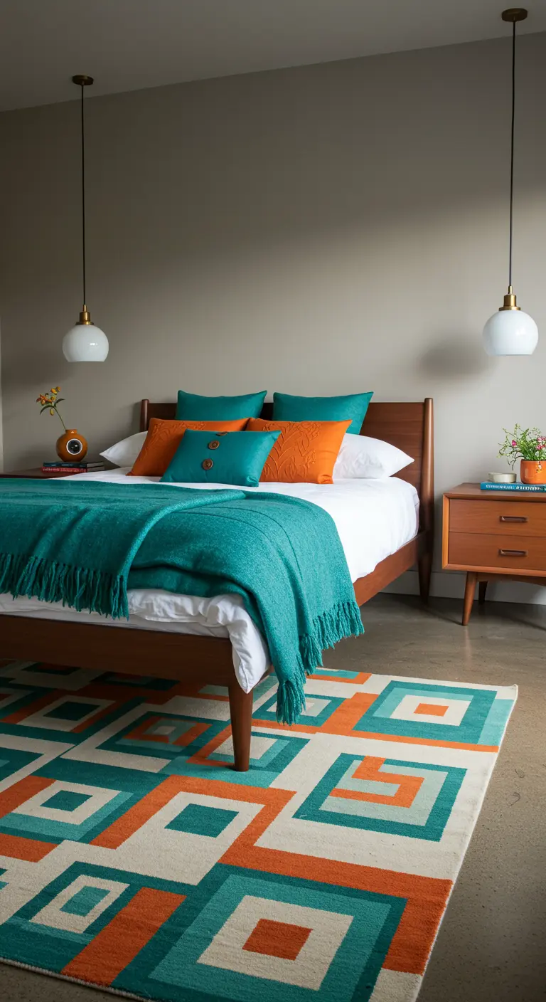 Slaapkamer met walnoothouten bed, teal en oranje kussens en vloerkleed met geometrische blokken.