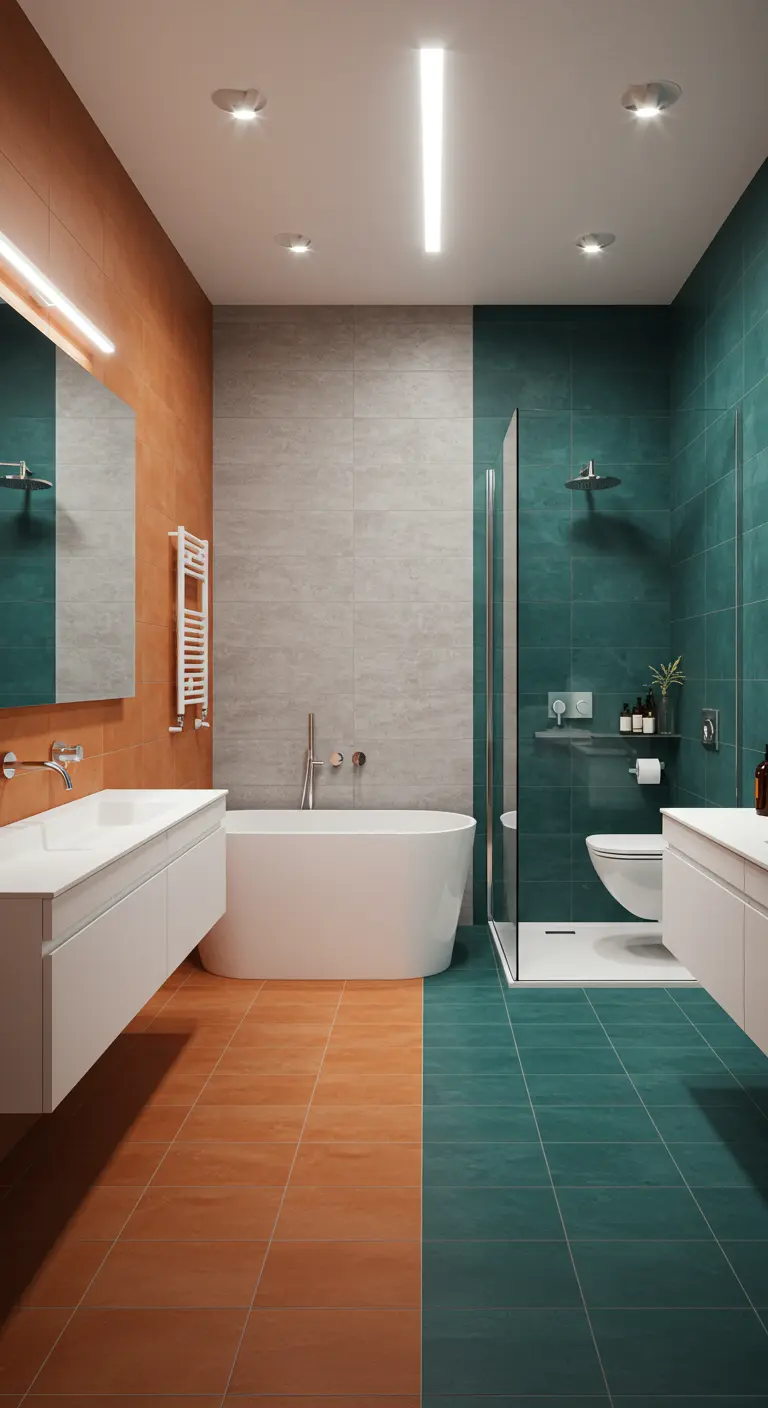 Badkamer met kleurblokken: oranje tegels bij de wastafel, groene tegels bij douche en bad.