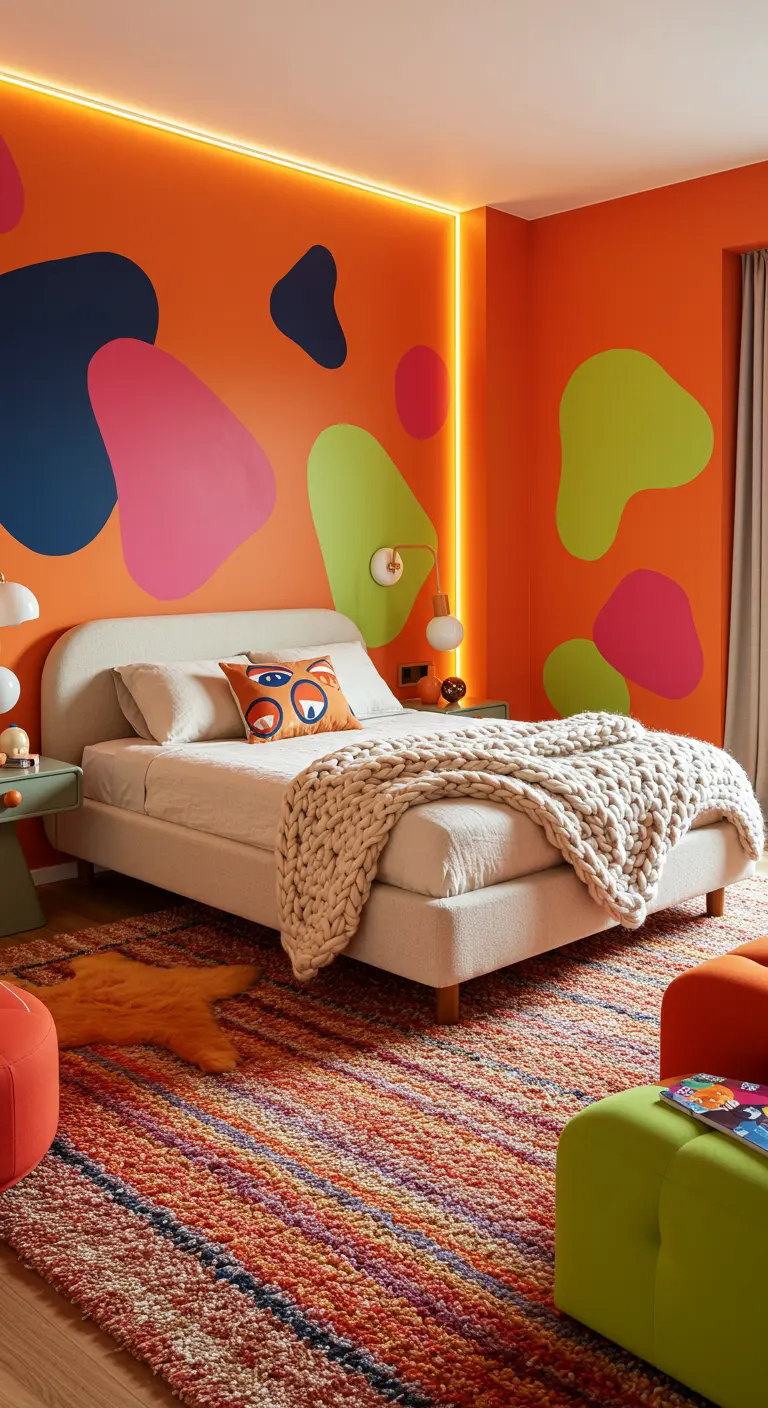 Oranje slaapkamer met abstracte kleurvlakken, neon verlichting en een neutraal bed.