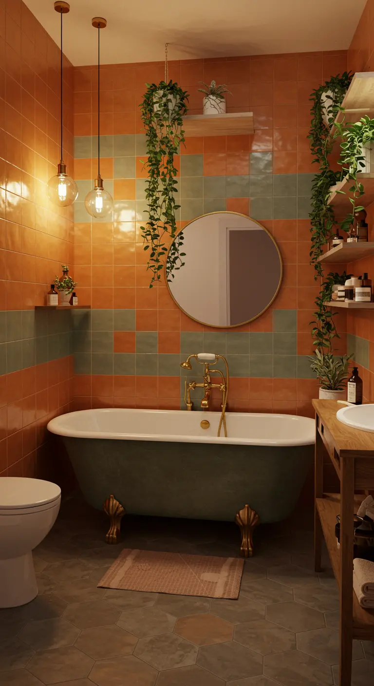 Badkamer met oranje en mintgroene tegels, hangplanten en een donkergroen retro bad.