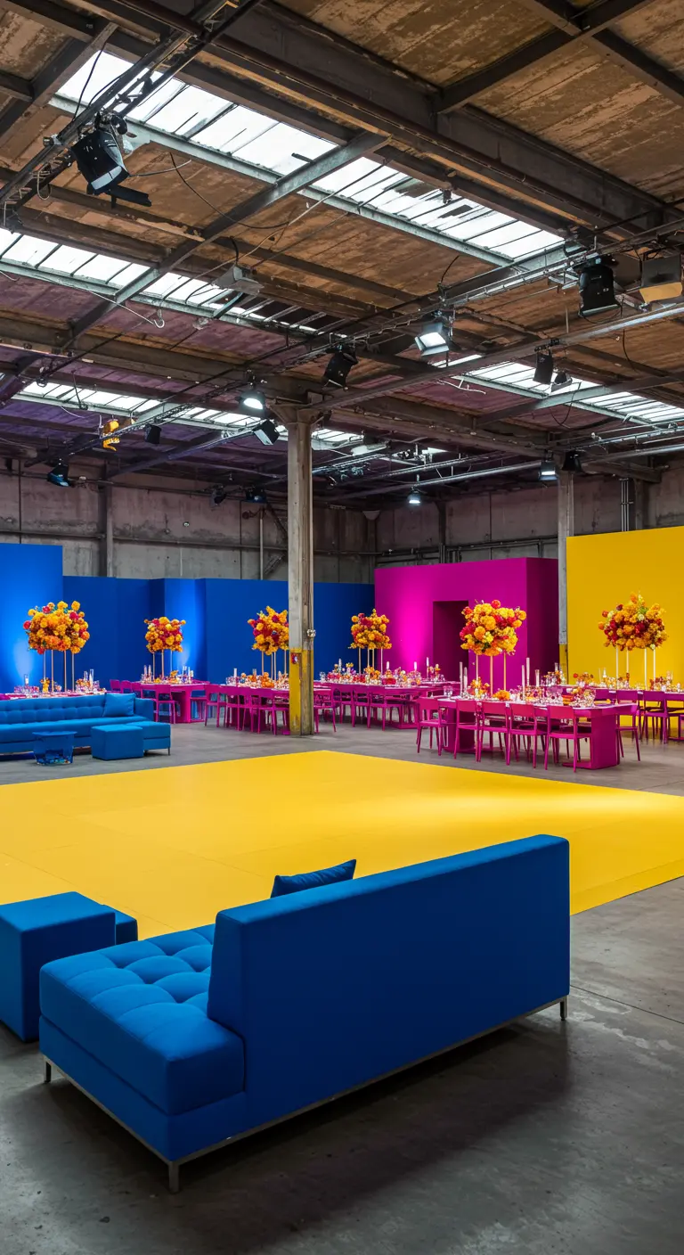 Industriële ruimte getransformeerd met grote kleurblokken in blauw, roze en geel