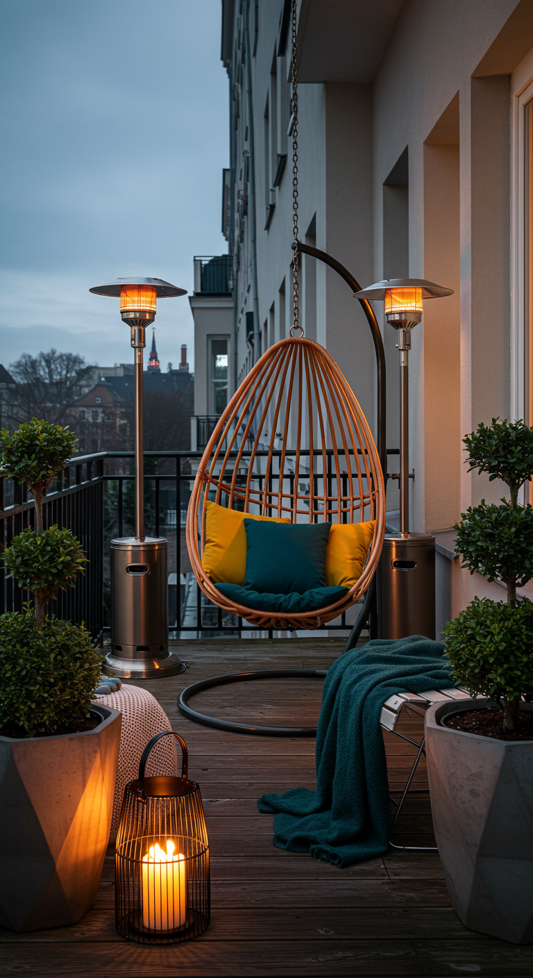 Rotan hangstoel met gele en blauwe kussens op balkon met terrasverwarmers en lantaarn.