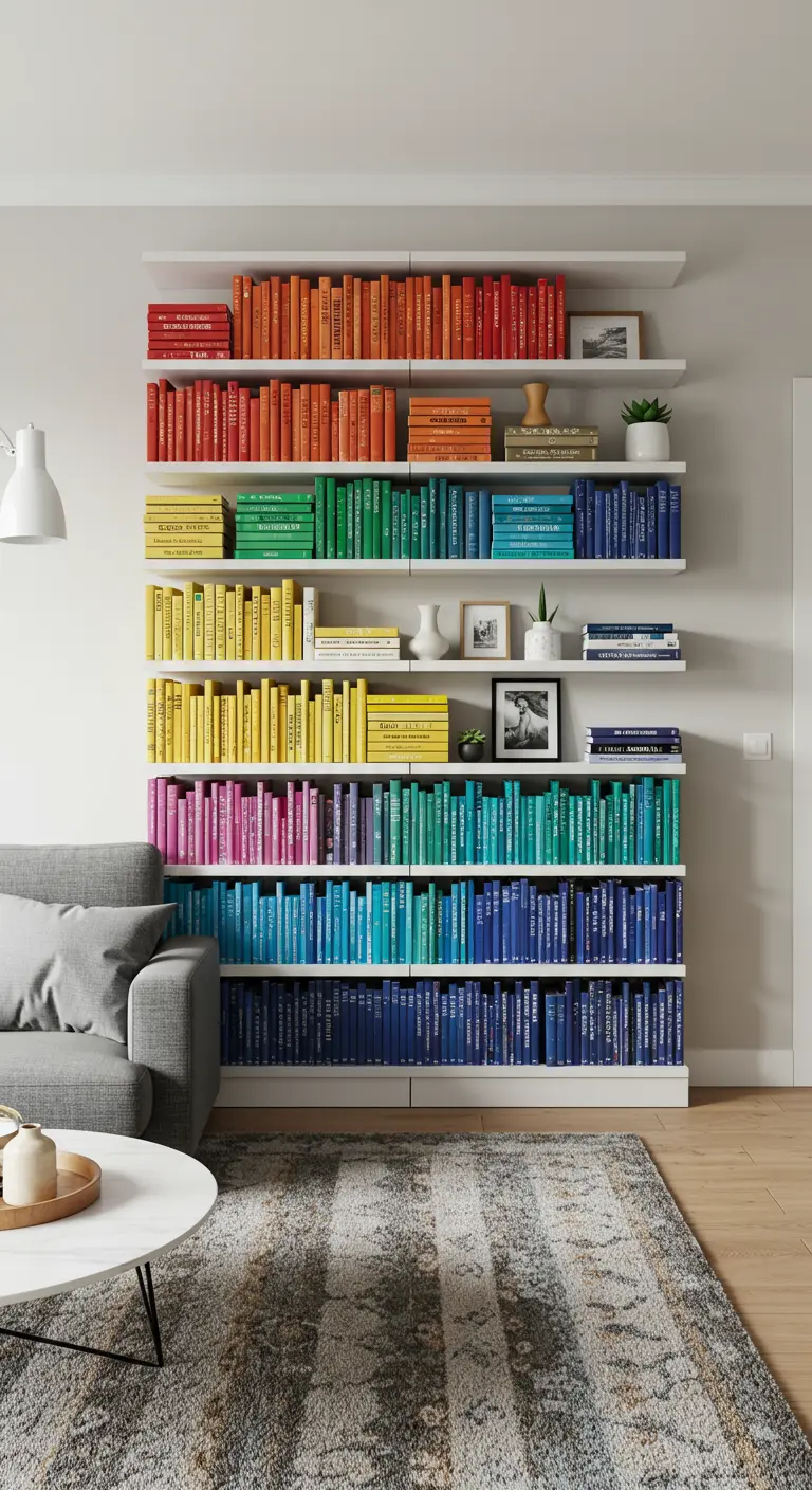 Boekenkast met boeken gesorteerd op kleur, wat een regenboogeffect creëert.