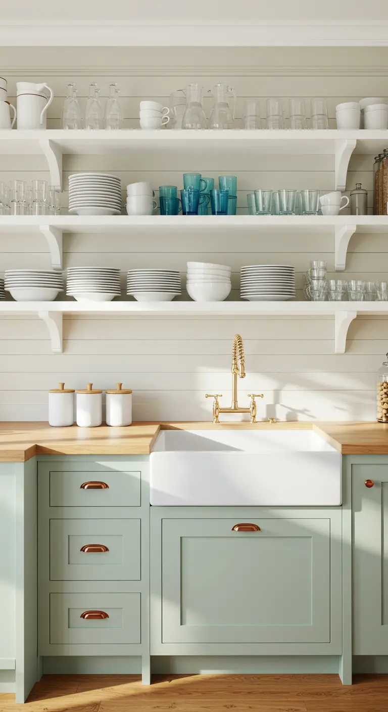 Mintgroene onderkastjes met houten blad, witte open planken met wit servies en blauwe glazen.