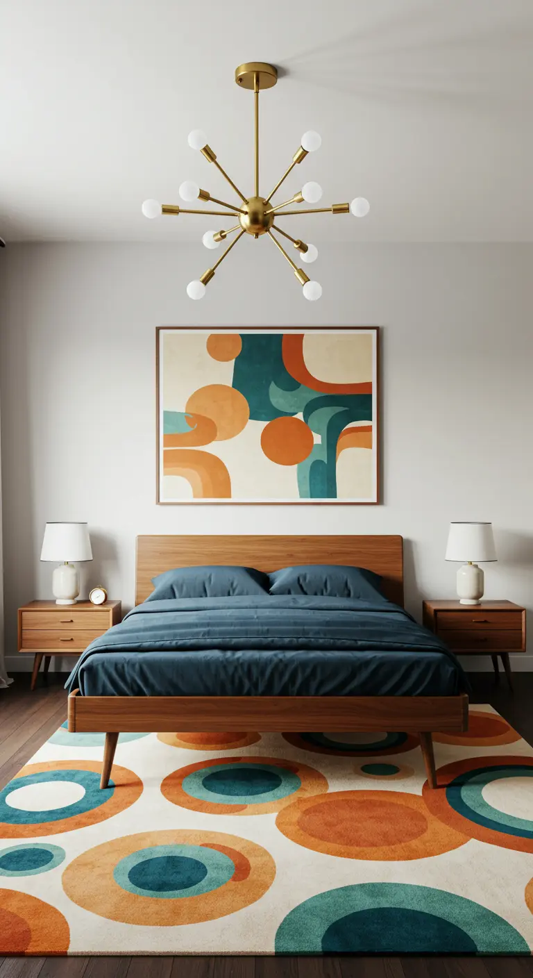 Slaapkamer met walnoothouten bed, marineblauw beddengoed en vloerkleed met oranje en blauwe cirkels.