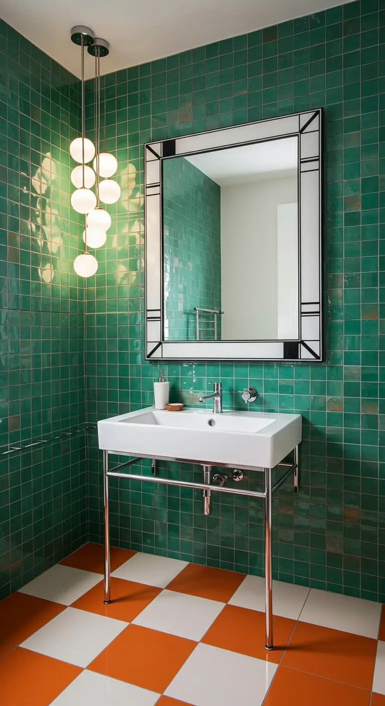 Badkamer met groene tegels, oranje-witte dambordvloer en Art-Deco spiegel.
