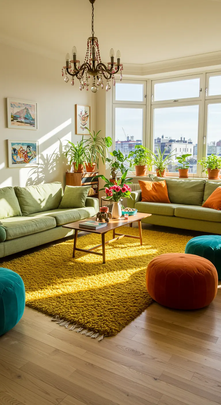 Levendige woonkamer met geel vloerkleed, groene banken en kleurrijke poefs.