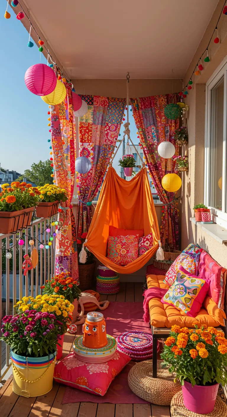 Kleurrijk boho balkon met patchwork gordijnen, oranje hangmatstoel en lampionnen.