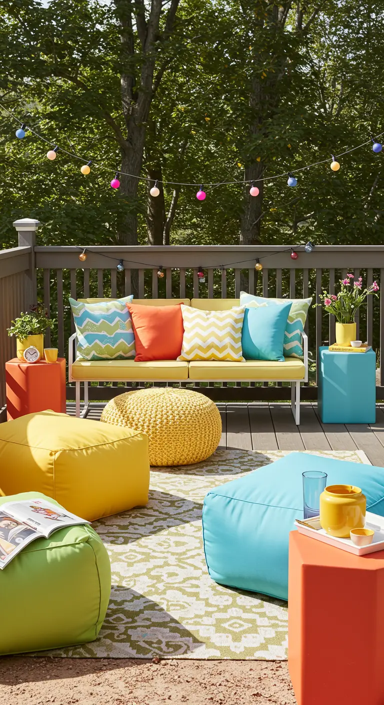Terras met gele bank, felgekleurde kussens en poefs in geel, oranje, blauw en groen.