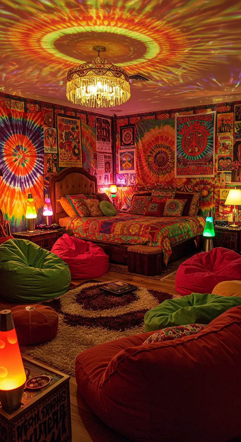 Psychedelische slaapkamer met tie-dye prints, lava lampen en een kleurrijk plafondlicht.
