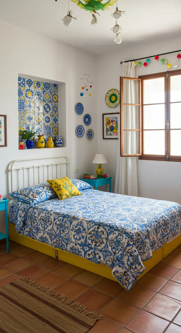 Kleurrijke slaapkamer met tegelnis, blauw-geel beddengoed, lichtslingers en decoratieve borden.