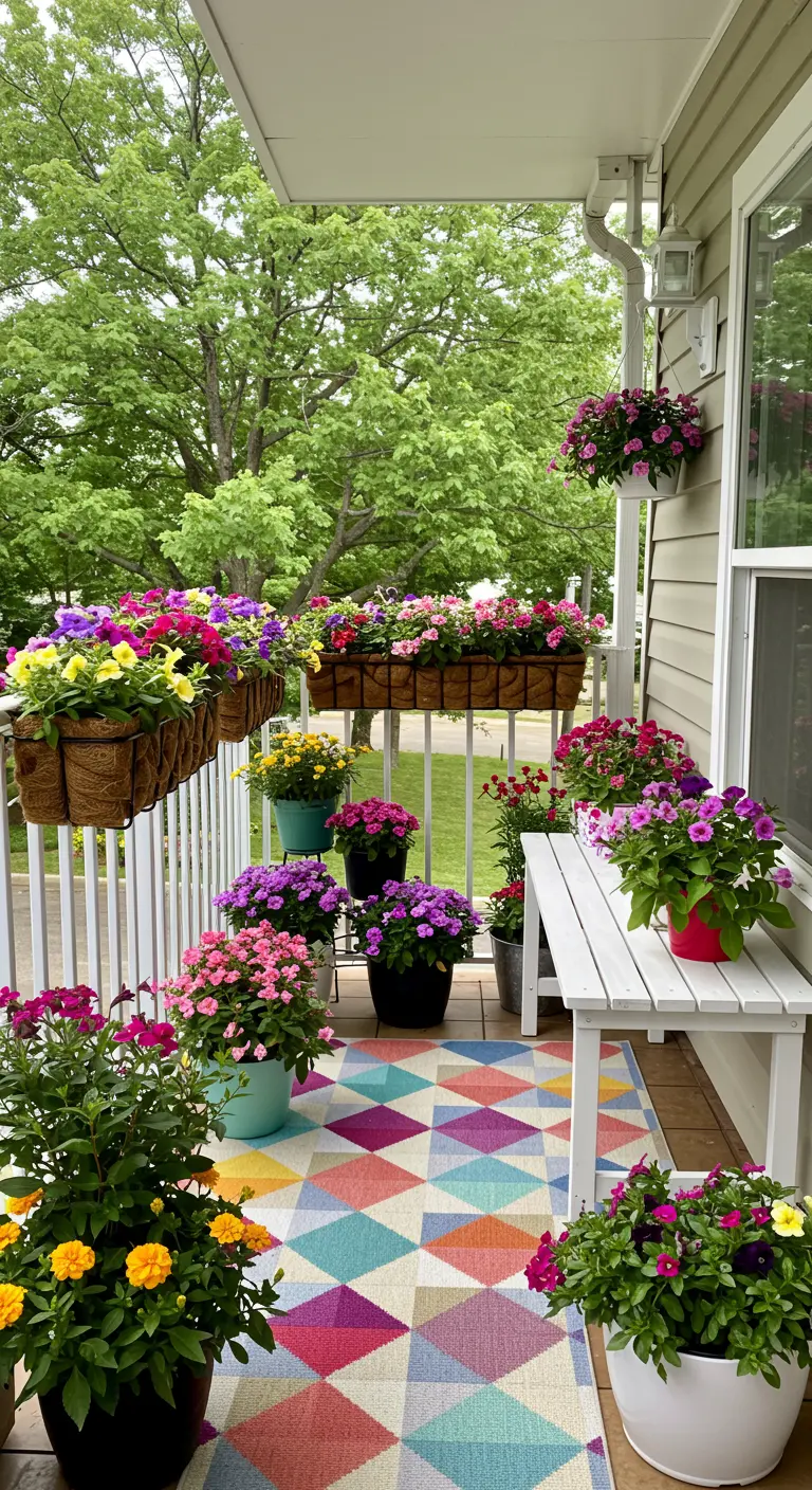 Balkon vol kleurrijke bloemen in potten en bakken, met een geometrisch kleed en wit bankje.