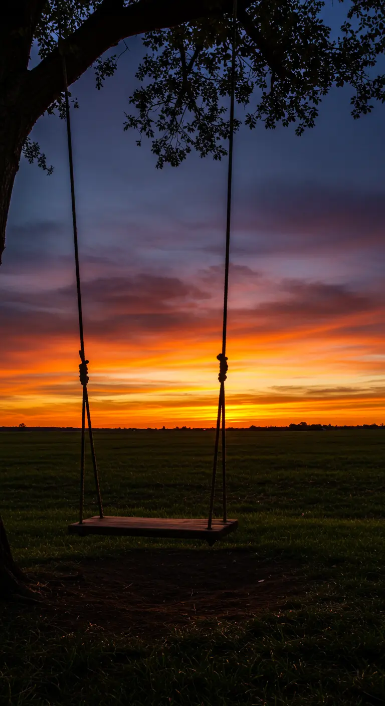 Boomstam-schommel silhouet tegen een dramatische, felgekleurde zonsondergang.