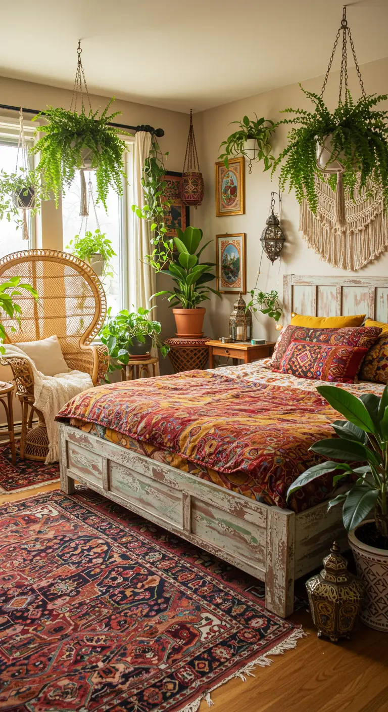 Boho slaapkamer met kleurrijk beddengoed, vintage meubels en veel hangplanten.