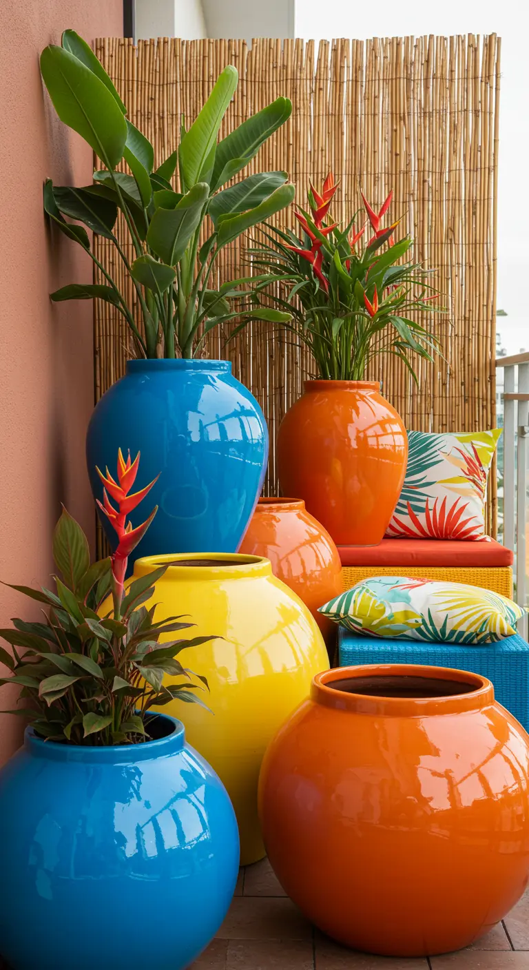 Grote, ronde, glanzende plantenpotten in felblauw, oranje en geel met tropische planten.