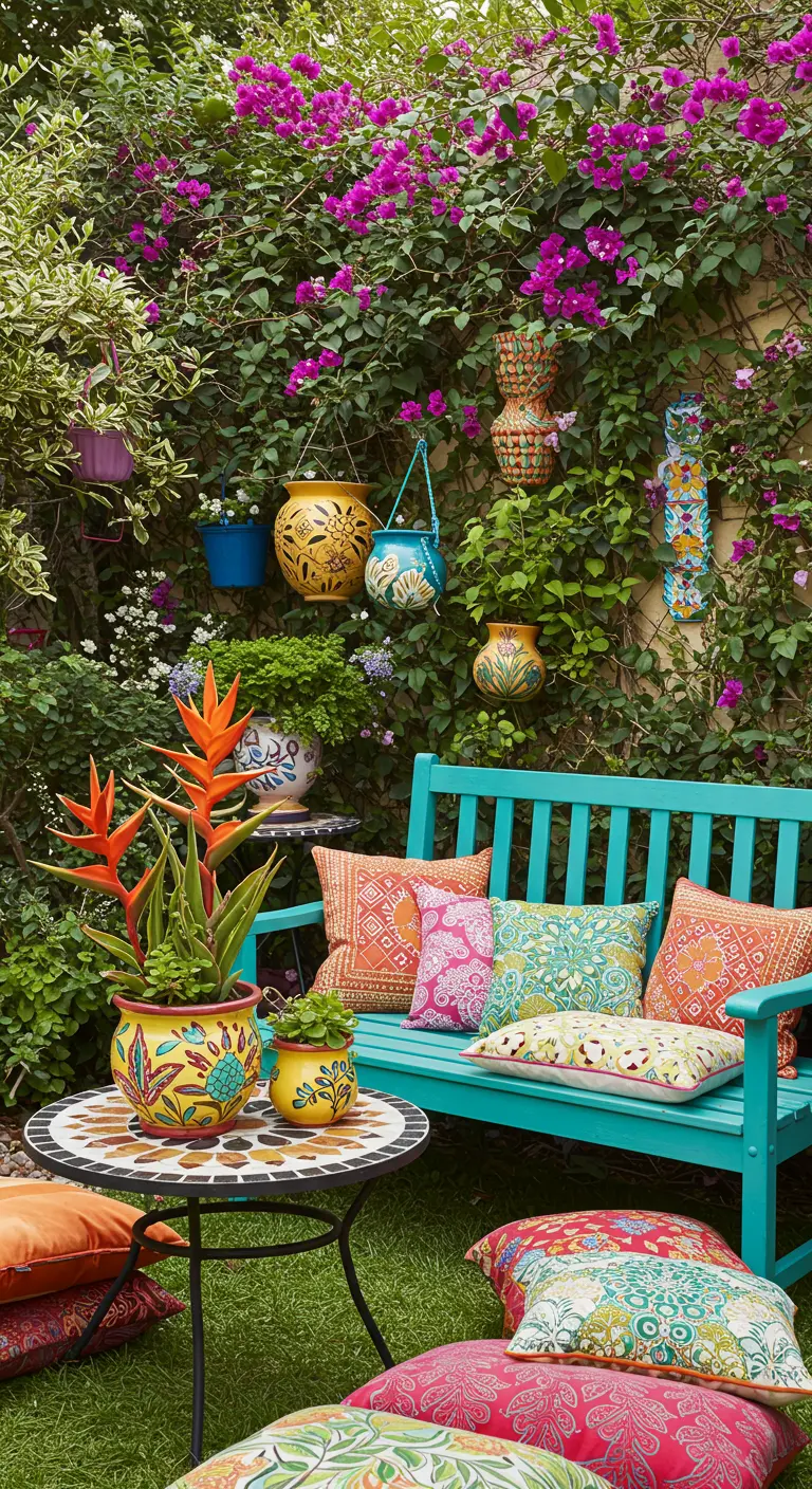 Kleurrijke tuinsetting met turquoise bankje, mozaïektafel en vrolijke kussens.