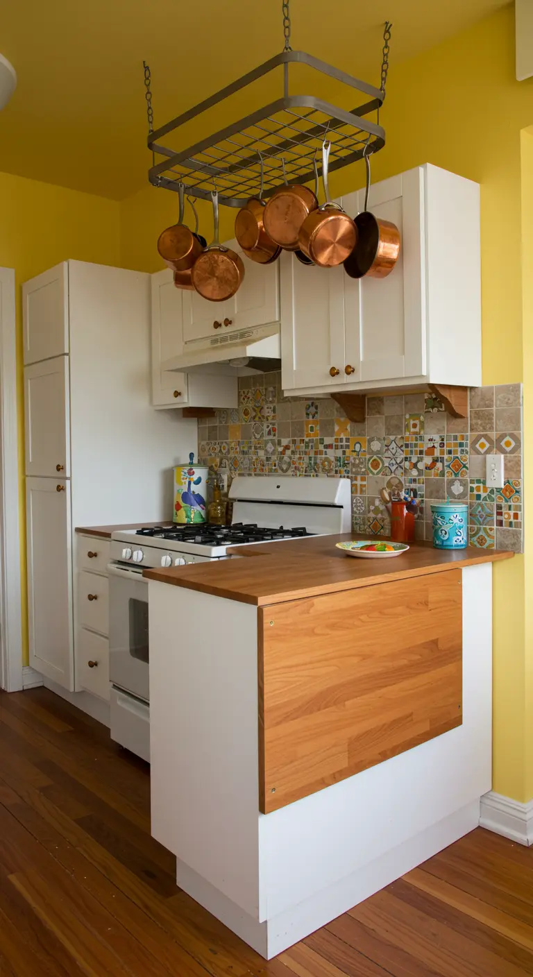 Witte keuken met geel plafond, kleurrijke tegelwand en een inklapbaar houten extra werkblad.