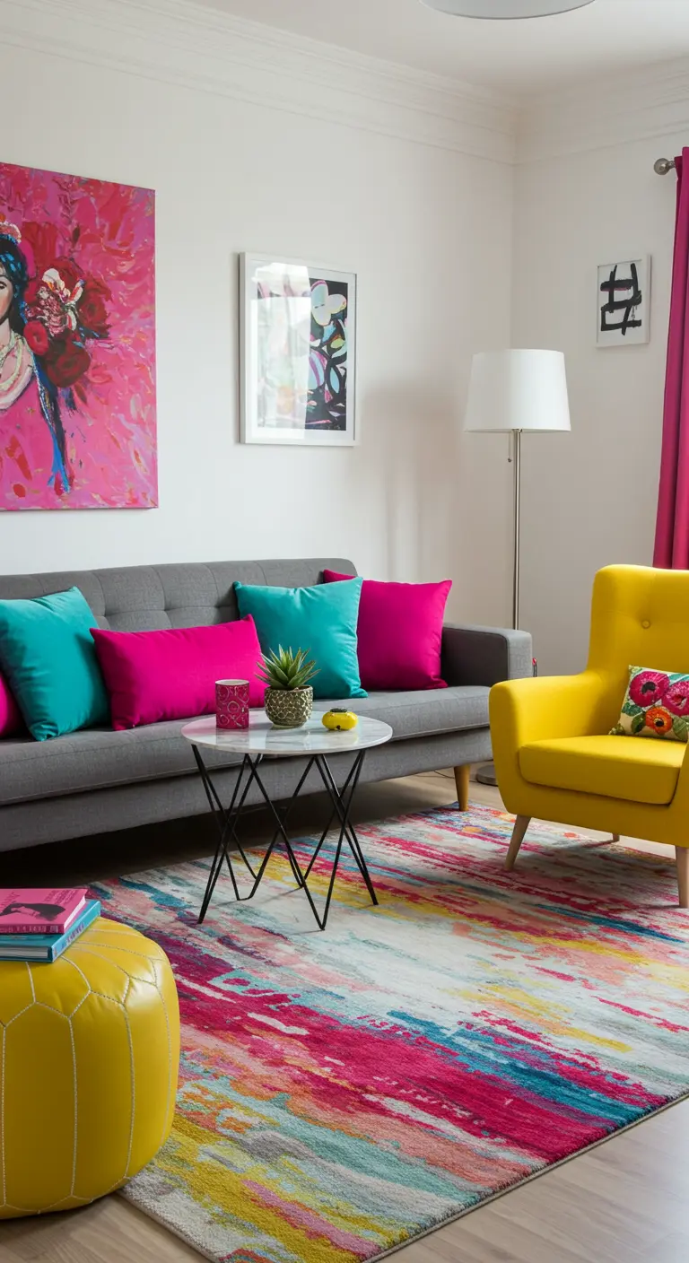 Woonkamer met grijze bank, felroze en turquoise kussens, gele fauteuil en kleurrijk tapijt.