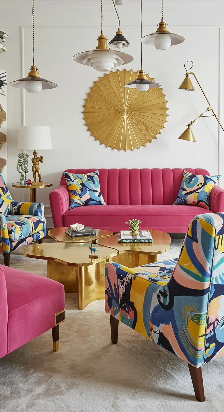 Kleurrijke Art Deco woonkamer met hot pink fluwelen bank en abstracte fauteuils.