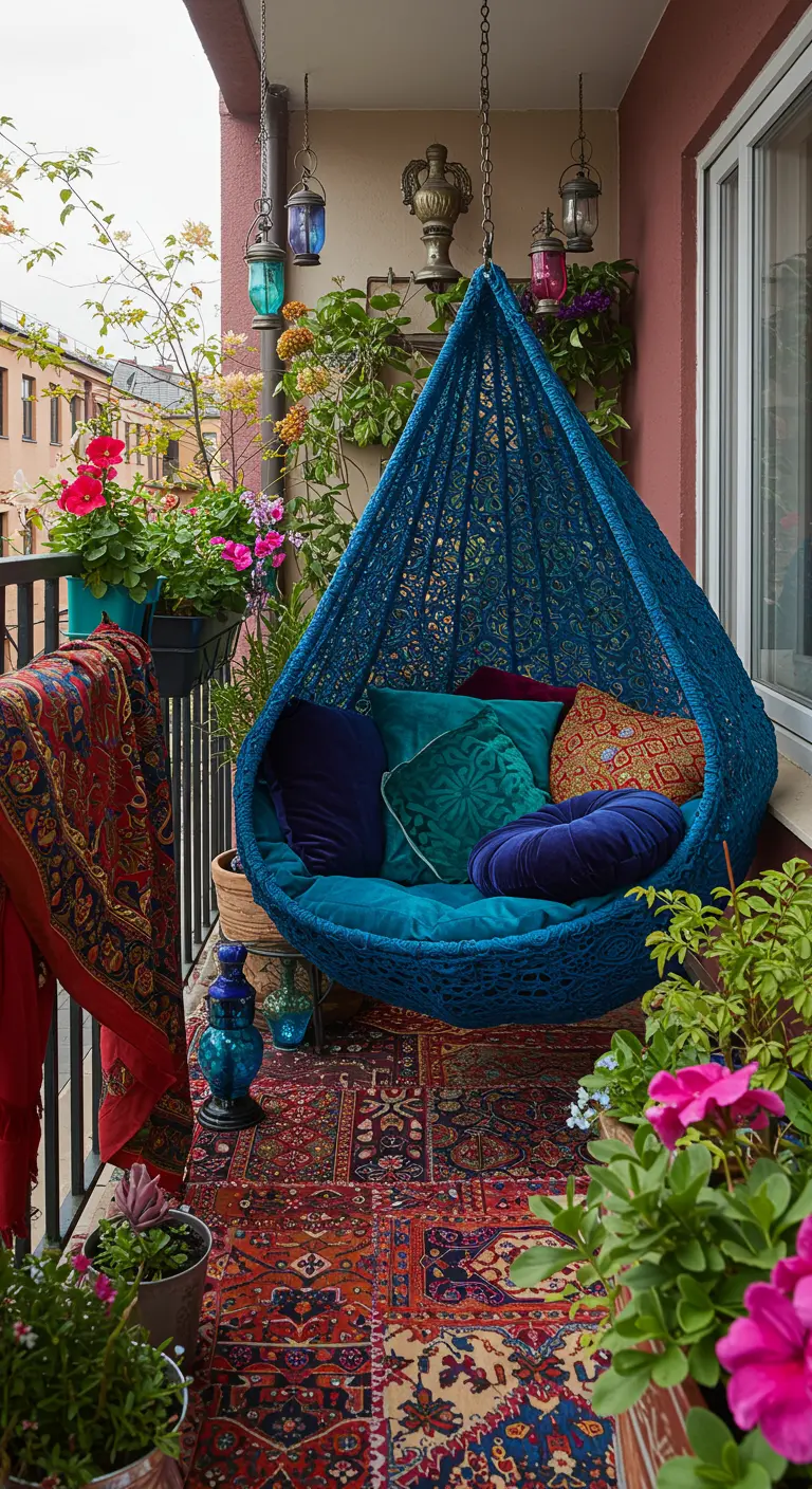 Diepblauwe hangstoel met kleurrijke kussens en tapijten, veel bloemen.