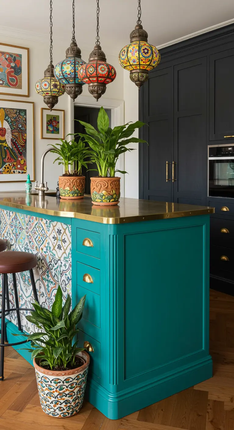Keuken met felblauwgroen kookeiland, kleurrijke tegels, messing details en Marokkaanse hanglampen.