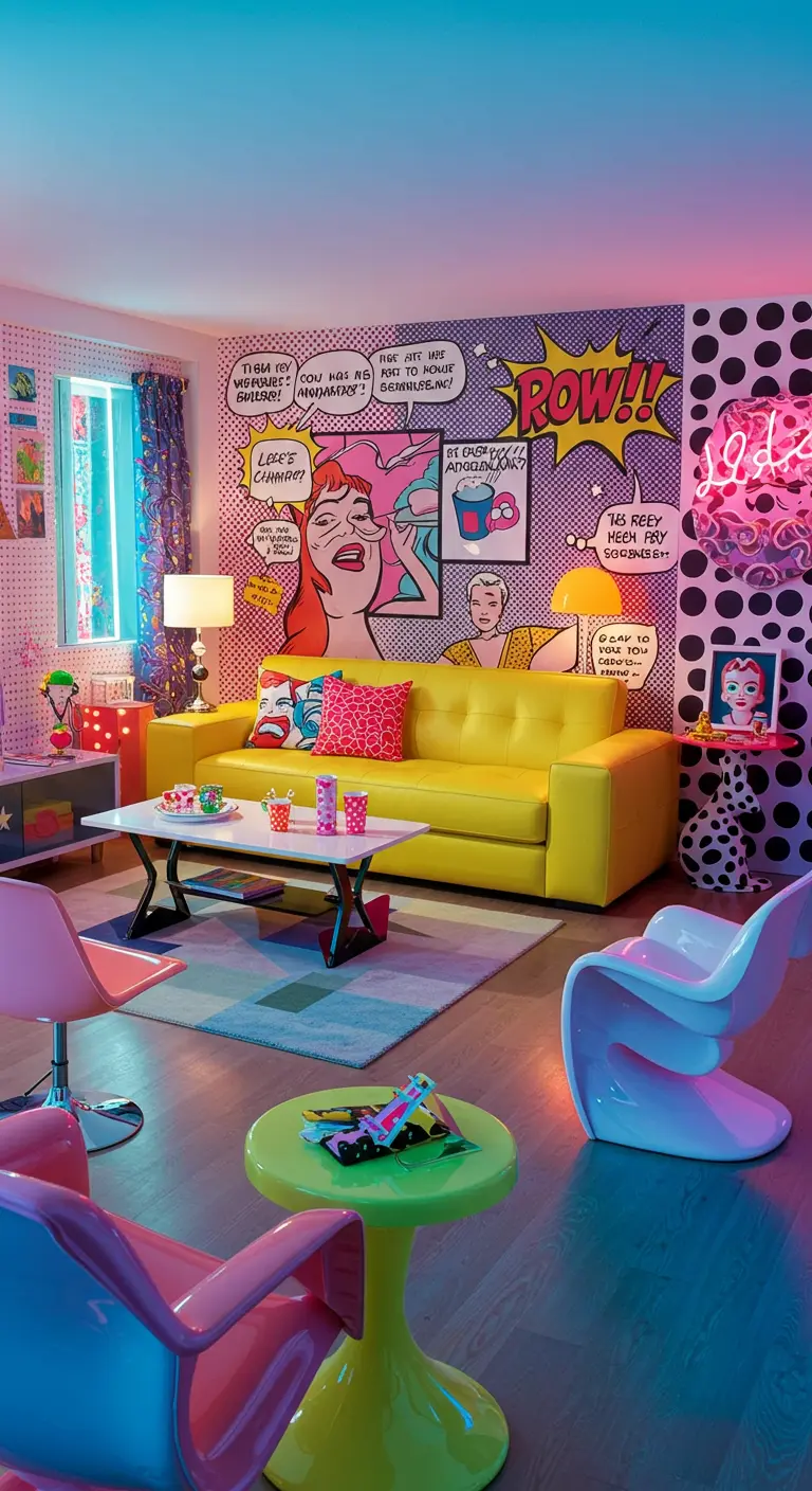 Kleurrijke woonkamer in pop art stijl met gele bank, stripboekmuur en retro meubels.
