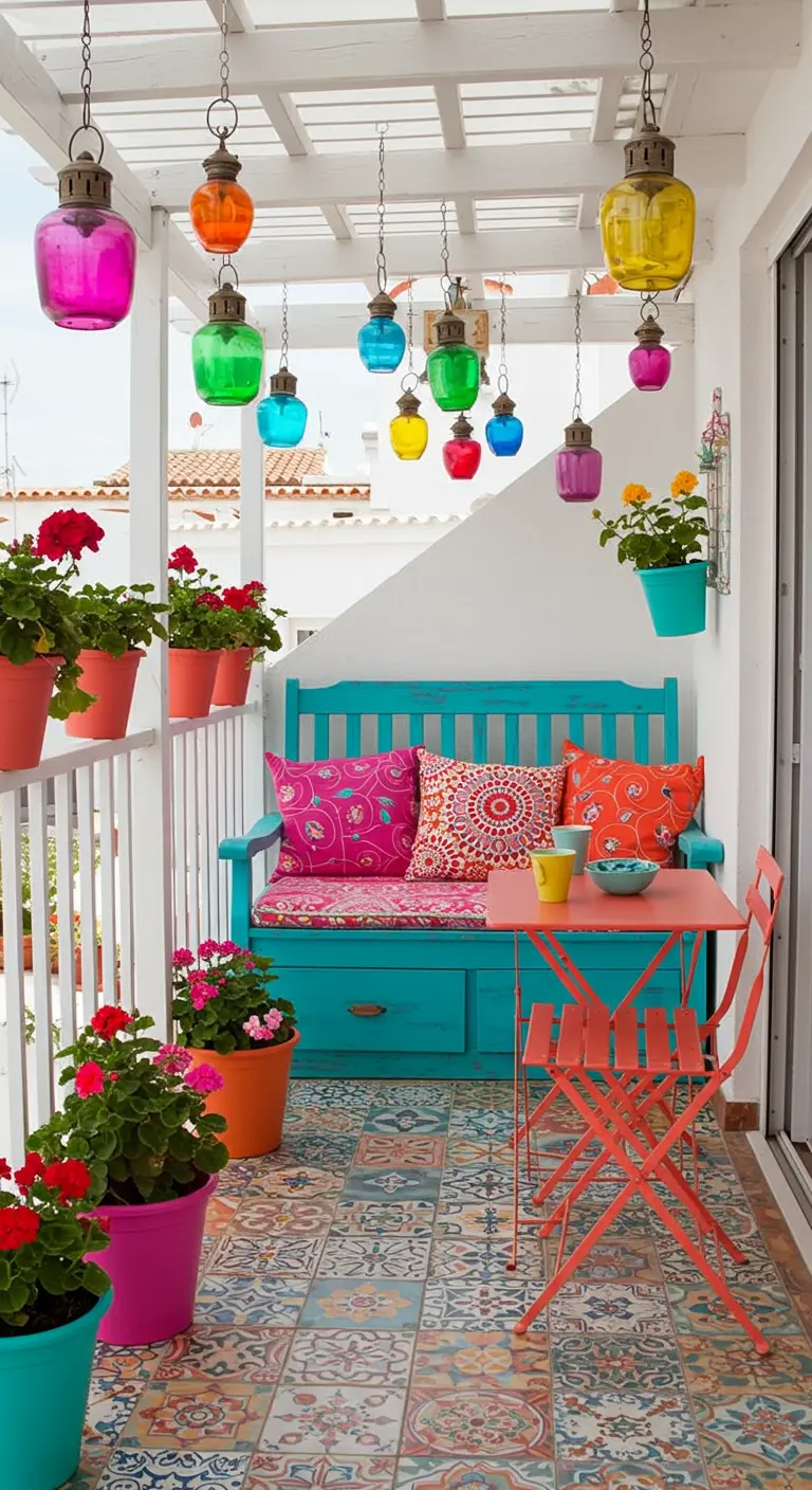 Kleurrijk balkon met turquoise bank, roze kussens, gekleurde lantaarns en bloemen.