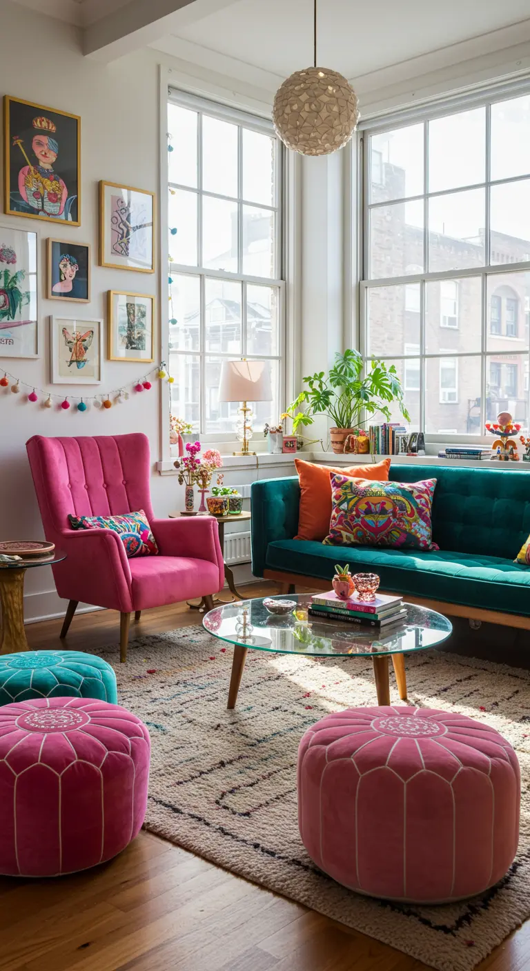 Roze en turquoise fluwelen poefs voor een kleurrijke, eclectische woonkamer.