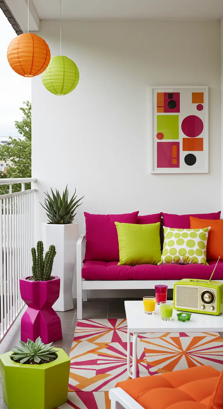 Kleurrijk balkon met fuchsia bank, groene en oranje kussens, papieren lampionnen en retro radio.