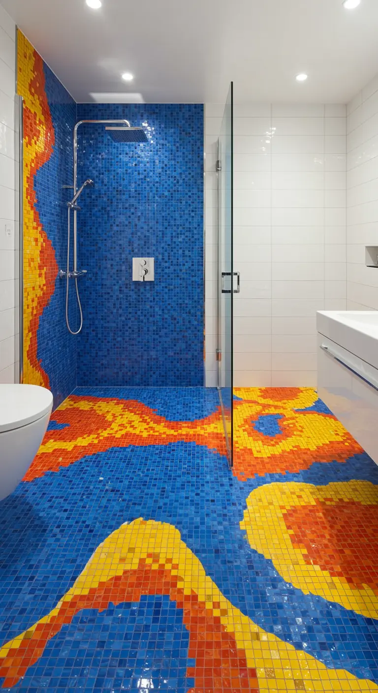 Douche met levendige mozaïekvloer en -wand in blauw, geel en oranje abstract patroon.