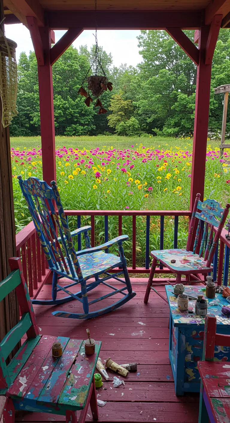 Felgekleurde blauw-rode schommelstoel op een kunstzinnig geverfde veranda met uitzicht op een geel-roze bloemenveld.