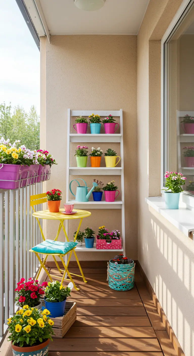 Wit ladderrek op balkon met felgekleurde bloempotten en geel bistrosetje.