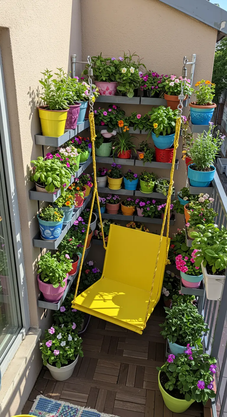 Gele houten schommel op smal balkon met wandplanken vol kleurrijke bloempotten.