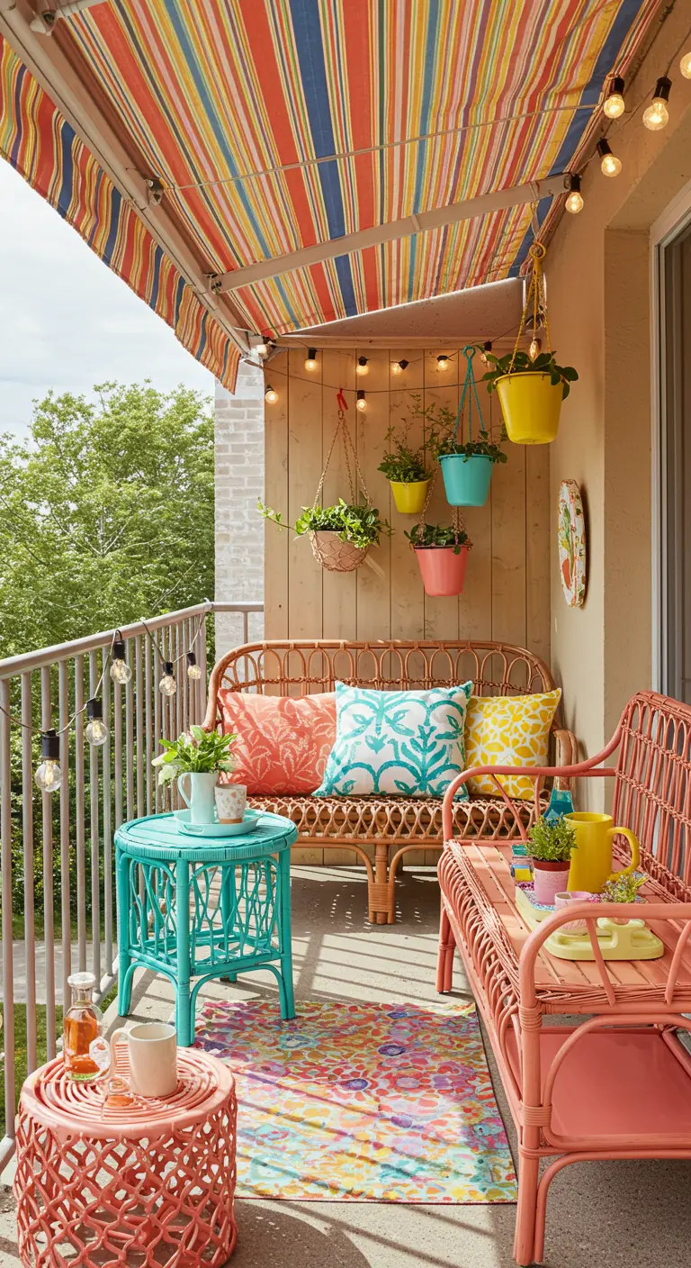 Felgekleurde rotan meubels (roze, turquoise) op een balkon met vrolijke accessoires.