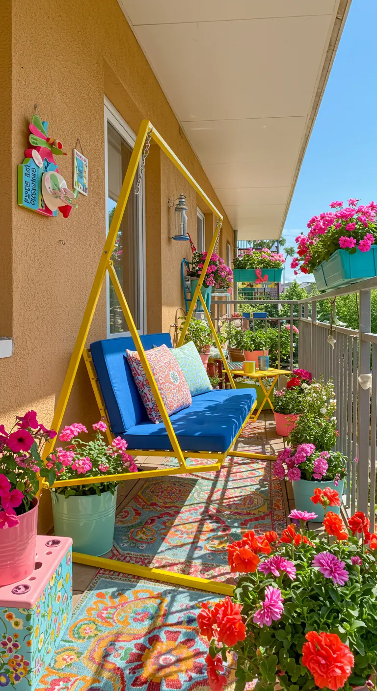 Felgele metalen A-frame schommelbank met blauwe kussens en veel kleurrijke bloemen op een balkon.