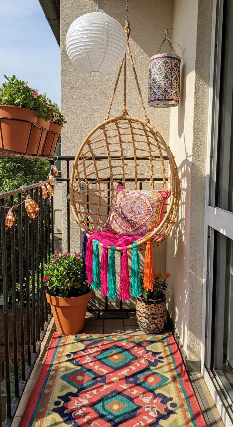 Rotan egg chair op balkon met felgekleurde kussens, kwastjes, lampionnen en kleed.