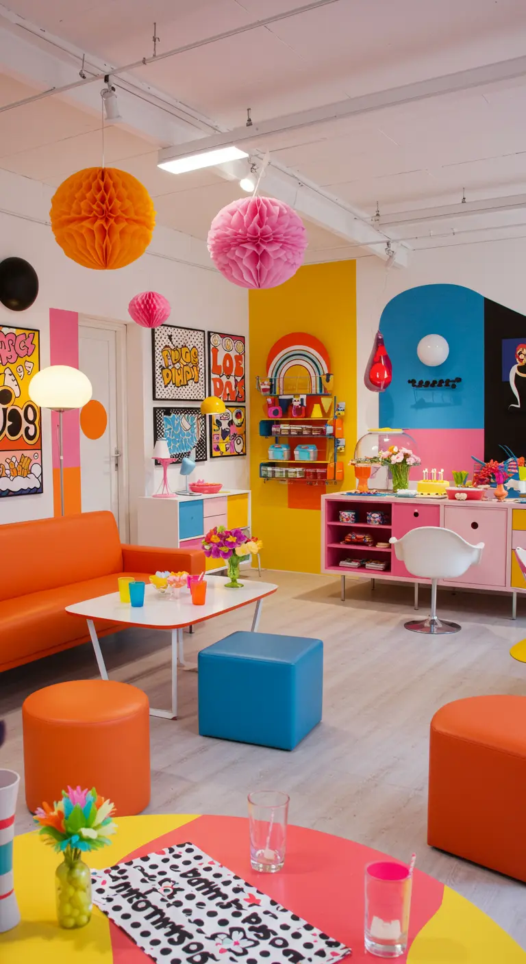Kleurrijk Pop Art verjaardagsfeest met grafische elementen.