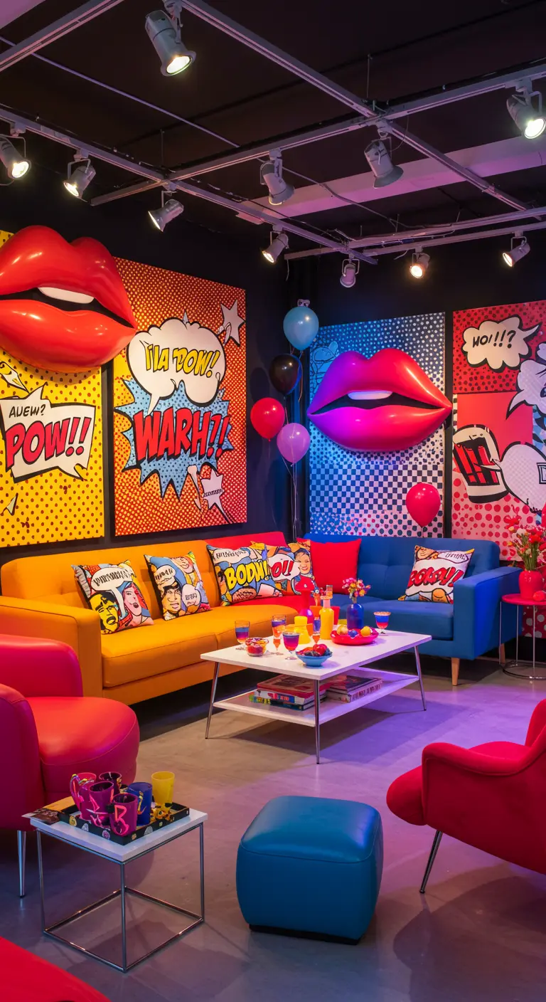 Woonkamer in pop-art stijl met felle kleuren, grote lippen en stripboekkunst.