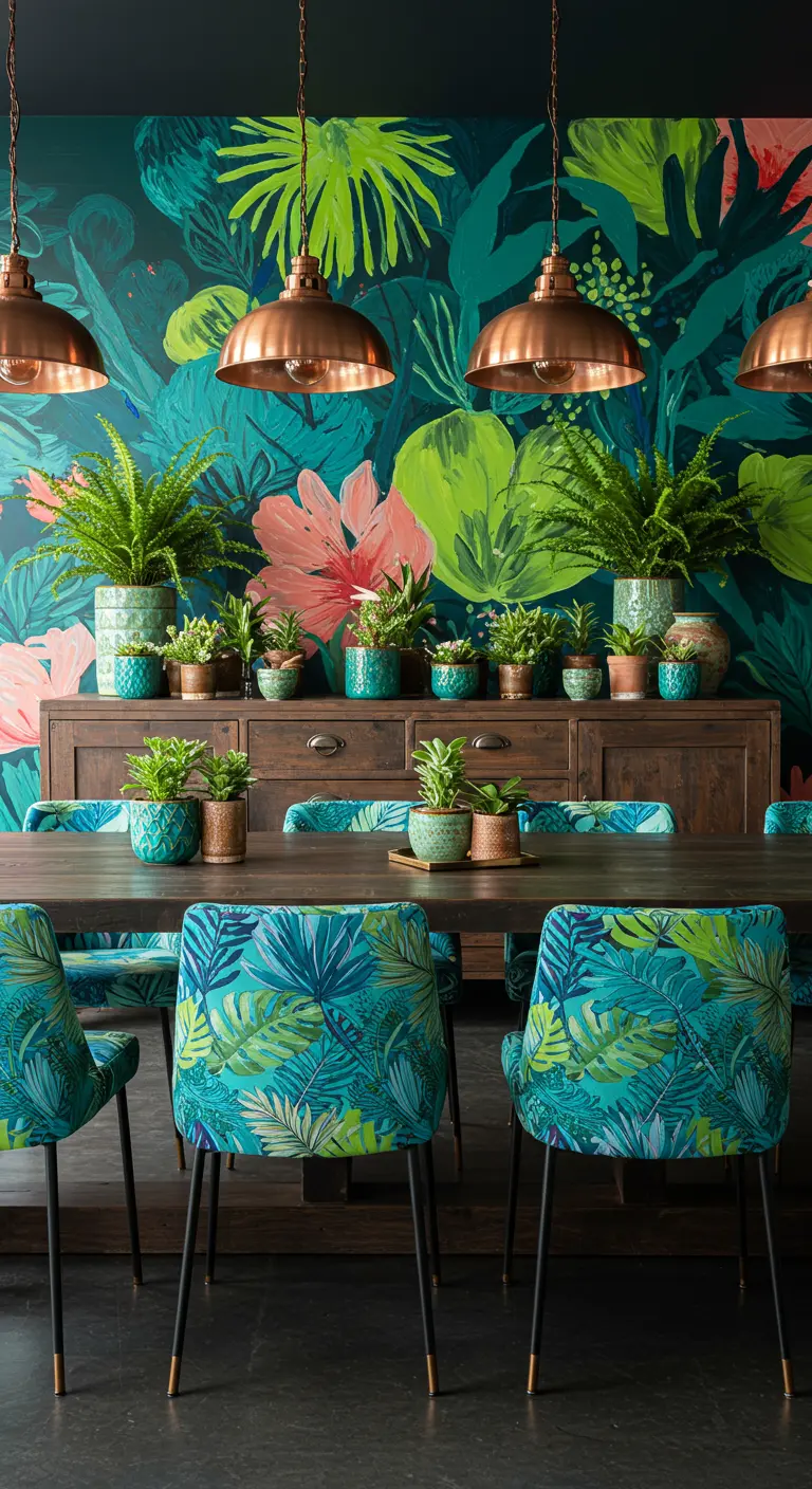 Levendige eetkamer met tropische muurschildering, donkere houten tafel, stoelen met bladprint, koperen lampen en veel planten.
